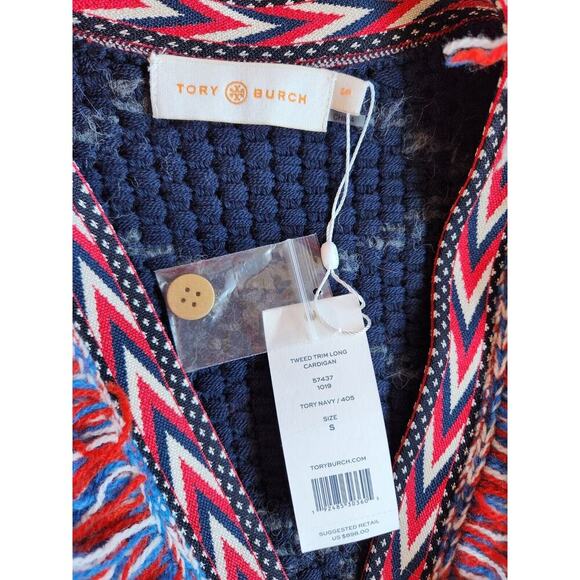 NWT Tory Burch Tweed Trim Long Cardigan Size S Navy Fringe Knit $898 #2K501 - Picture 10 of 13